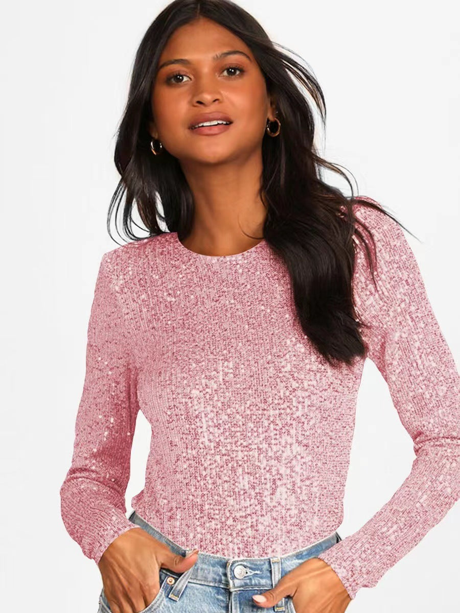 Damen Glitzerndes Bodysuit Längsärmig Schimmernder Stoff