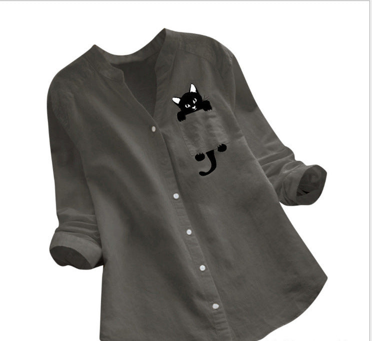 Damen Bluse Katzenmotiv Baumwolle Trendig