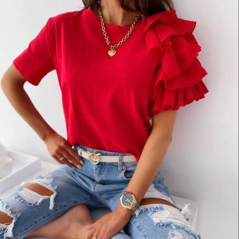 Damen T-Shirt Rüschendetails Baumwolle Weiß