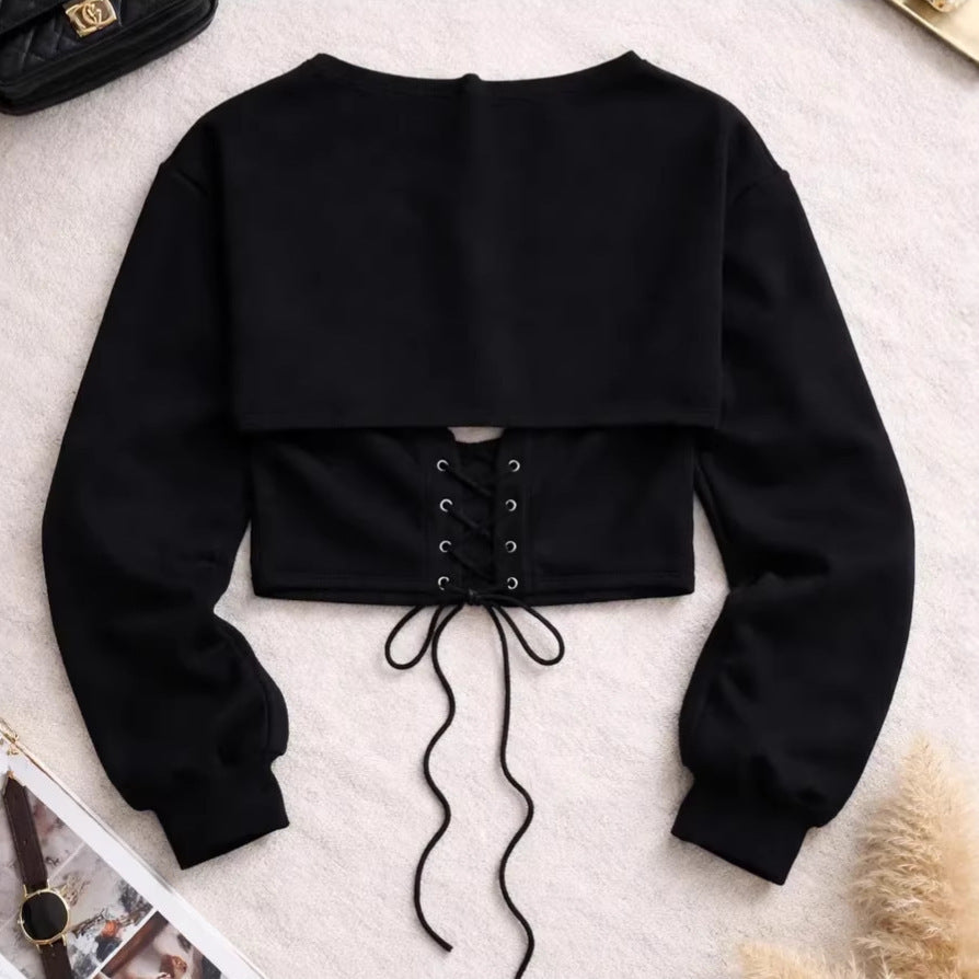 Damen Cropped Sweatshirt Schnürung Grau Norvielle