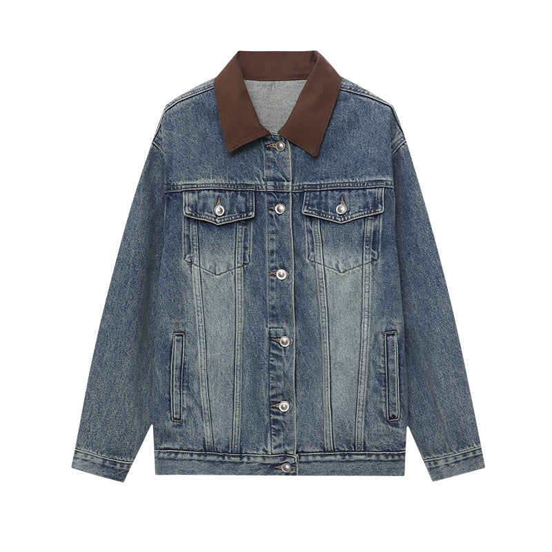 Damen Jeansjacke Lässiger Schnitt Kontrastkragen