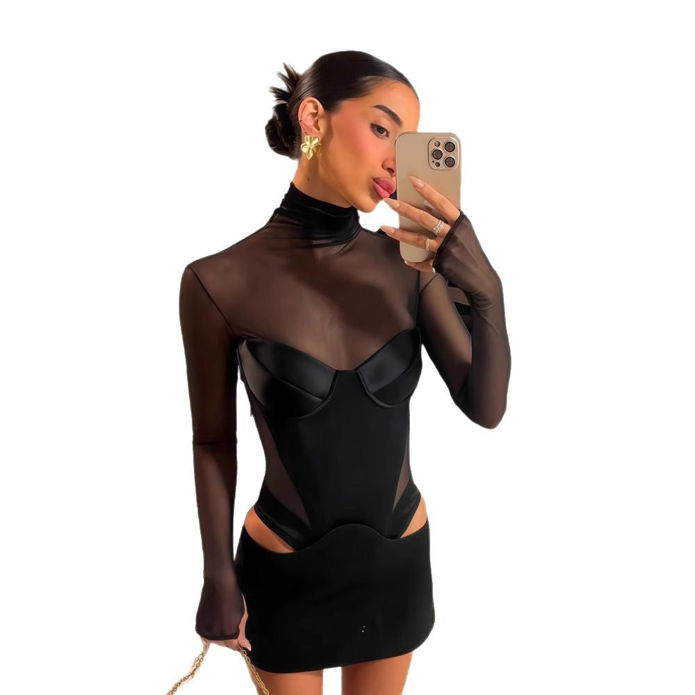 Damen Kleid Figurbetonter Stil Transparente Einsätze Rautenförmige