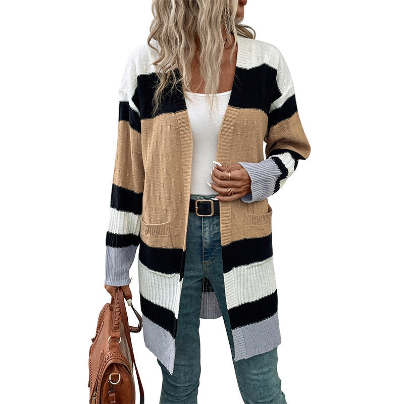 Damen Strickcardigan Lang Streifenmuster Taschen Beige