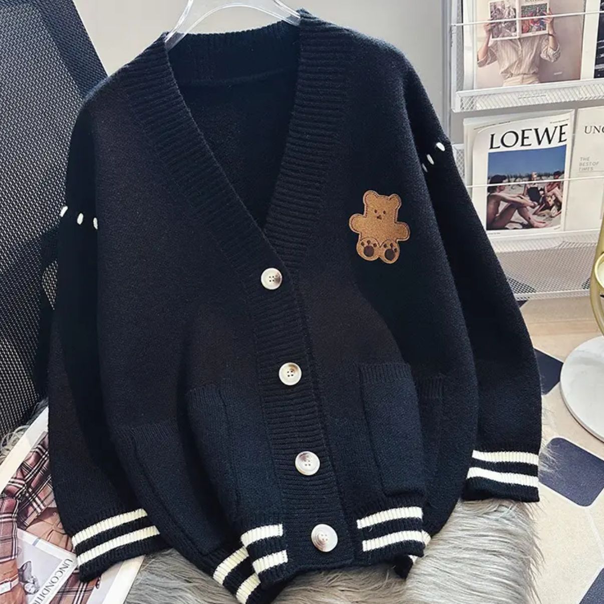 Damen Strickjacke Bärenmotiv Flauschig Norvielle