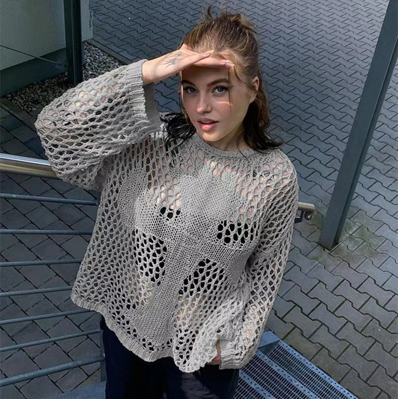 Damen Strickpullover Luftiges Netzdesign Beige