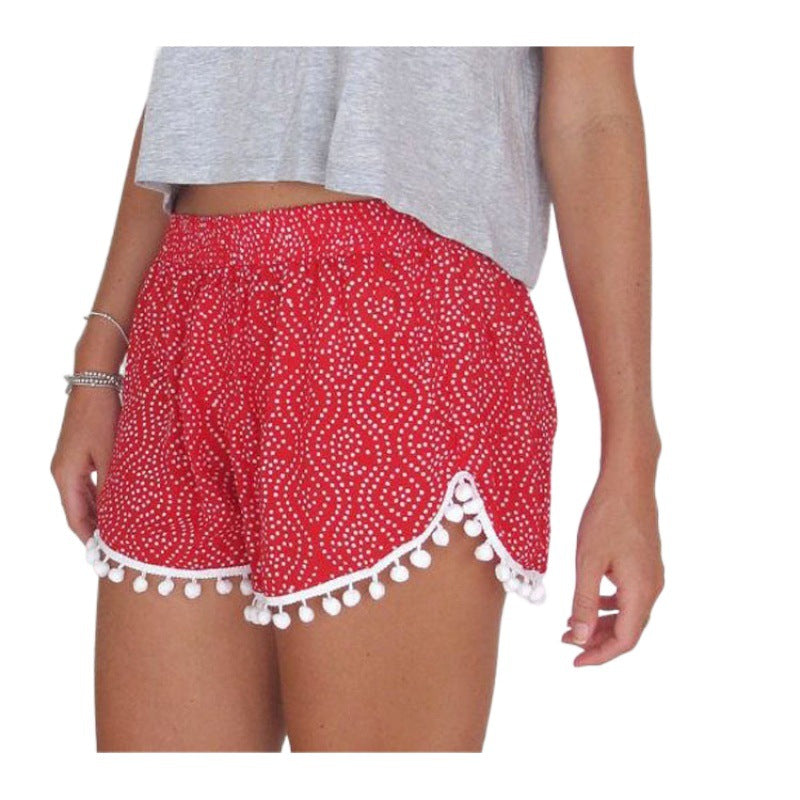 Damen Sommer Shorts Wellenmuster mit Pompon Detail Beige