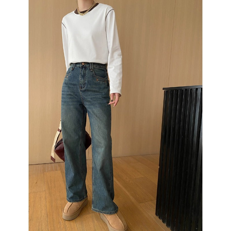 Damen Highwaist Jeans Weites Bein Lässiger Schnitt
