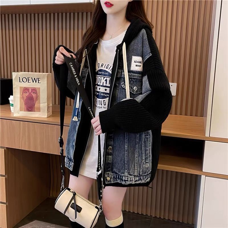 Damen Oversized Denimjacke Strickdetails