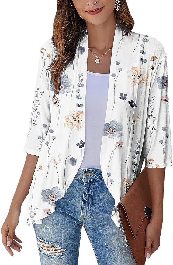 Norvielle Damen Strickjacke Einfarbig 3/4 Ärmel Rüschenrand