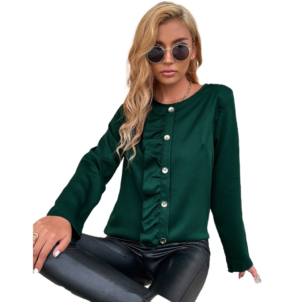 Damen Blusenshirt Rüschendetails Knopfverzierung
