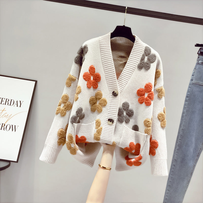 Damen Strickjacke Kuschelig Floralmuster Offen Vorne Norvielle