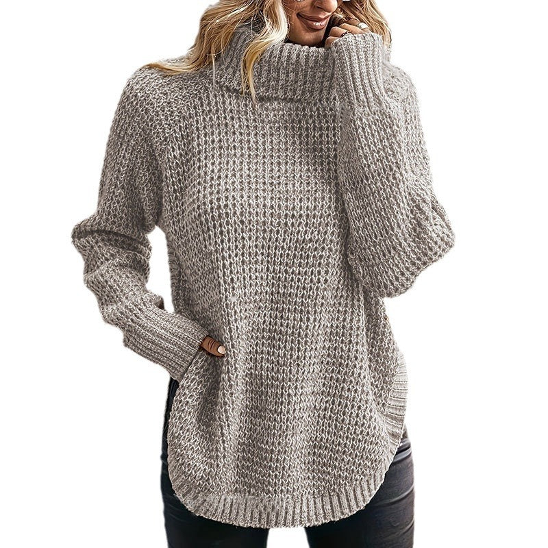 Damen Grobstrickpullover mit hohem Kragen und Taschen