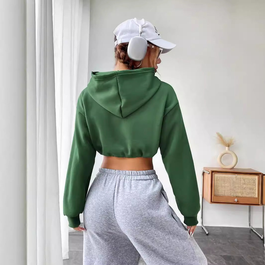 Damen Cropped Hoodie Gestickter Schriftzug Kordelzug Norvielle