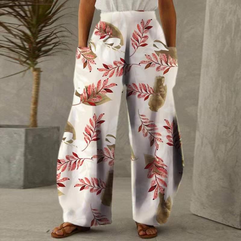 Damen Weite Blumenhosen Mit Taschen Elastischer Bund