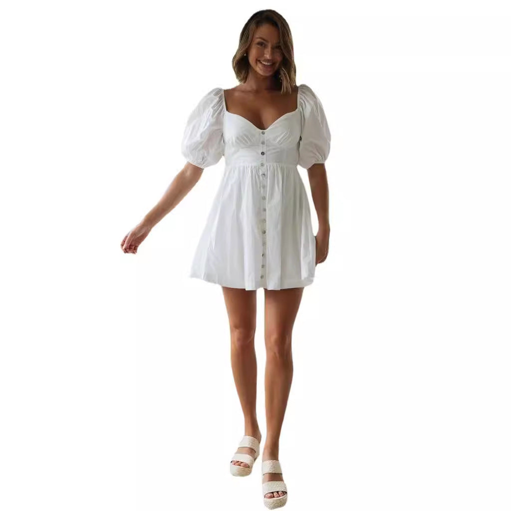 Damen Sommerkleid Puffärmel Knopfleiste Norvielle