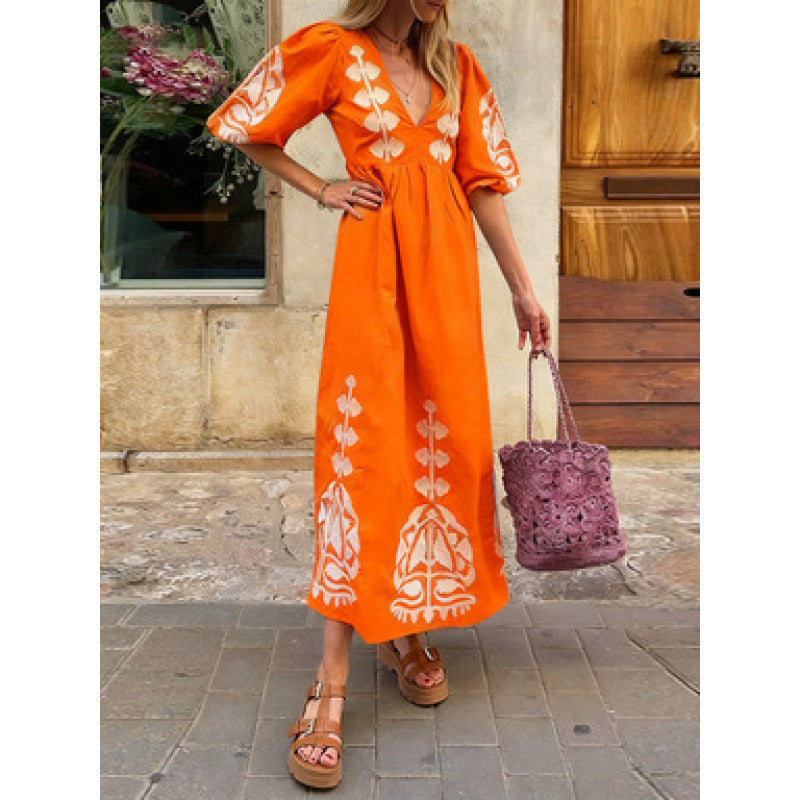 Damen Midikleid Luftige Puffärmel Florales Stickdesign
