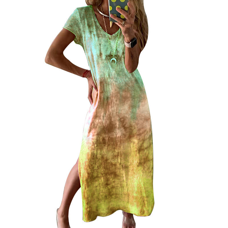 Damen Maxikleid Langarm V-Ausschnitt Tie-Dye Muster