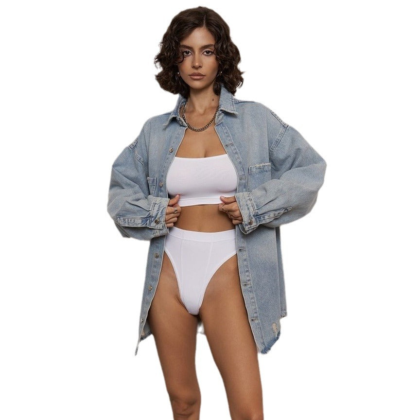 Damen Jeansjacke Distressed Look dunkelblau