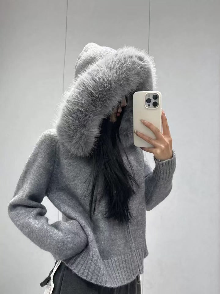Damen Strickjacke Weich Kapuze Abnehmbar Beige