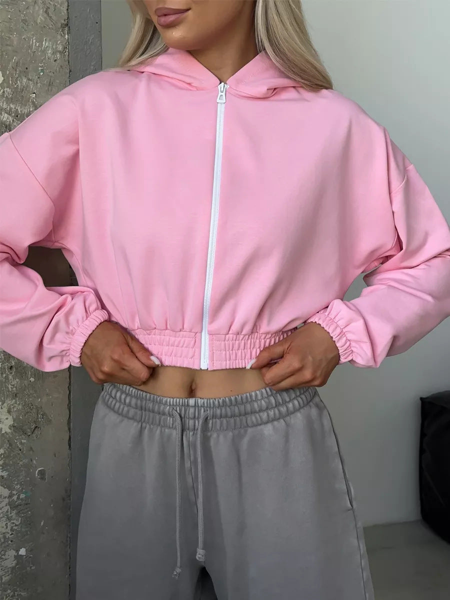 Damen Cropped Kapuzenjacke Elastischer Bund Lässiger Schnitt