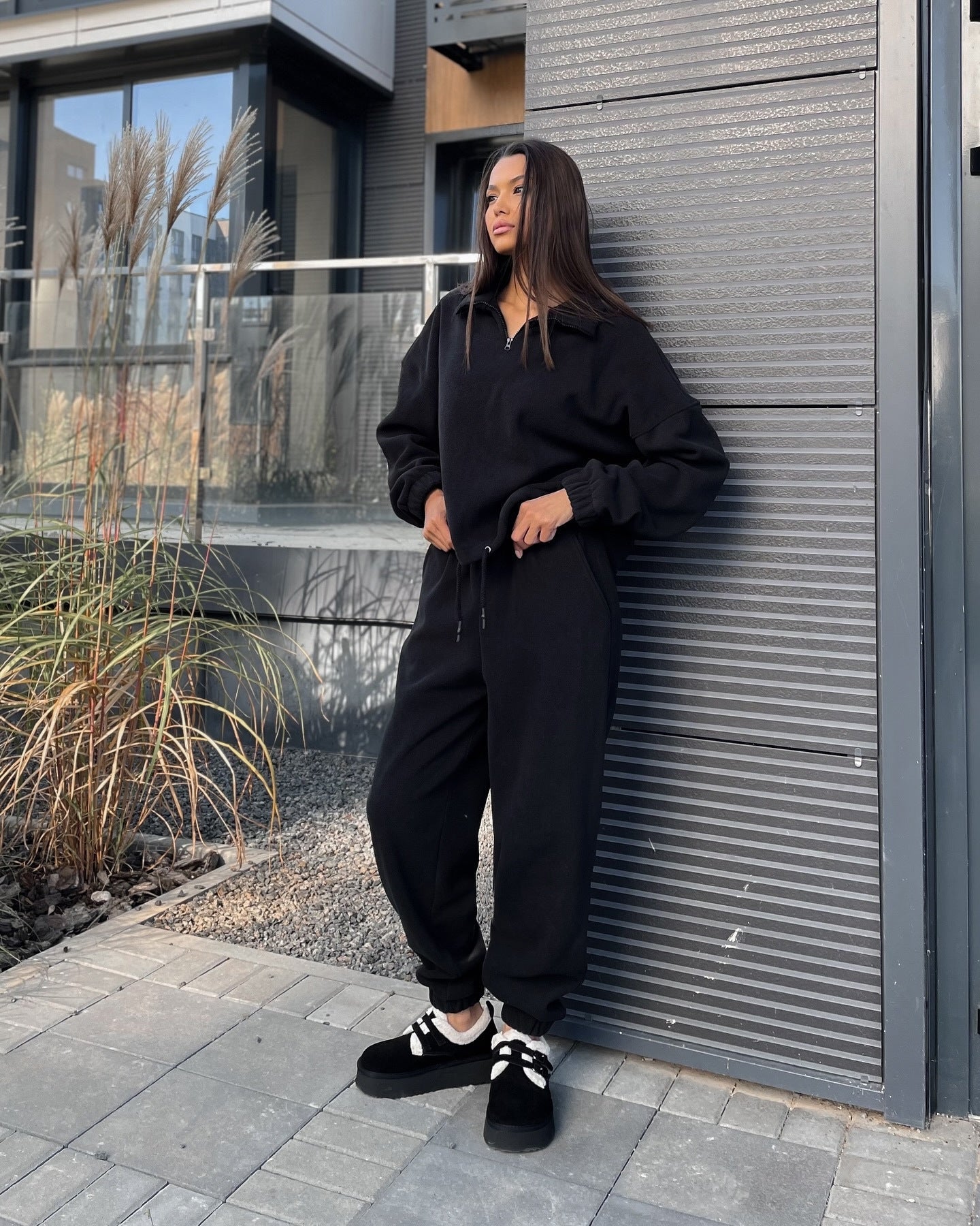 Damen Fleece Trainingsanzug Halb-Reißverschluss Elastischer Bund