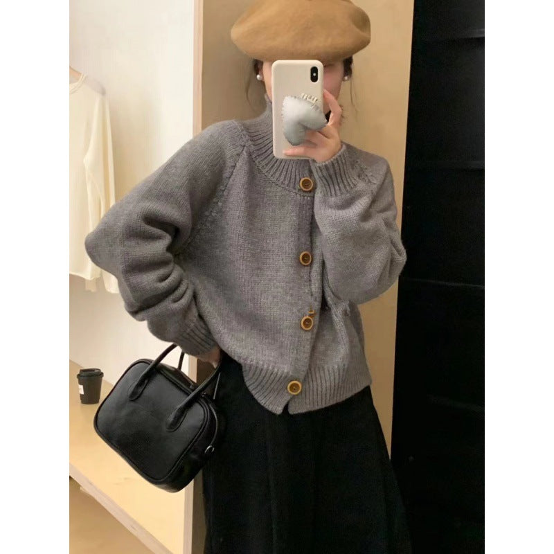 Damen Strickjacke Lässig Kontrastknöpfe Beige