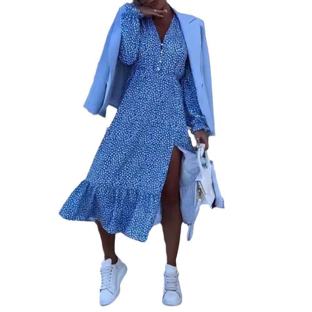 Damen Wickelkleid Floralmuster Volant Knöpfe Norvielle