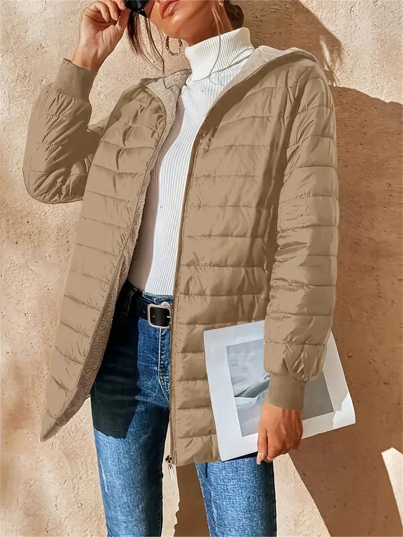 Damen Pufferjacke Mittellang Wattiert Kapuze Plüschfutter