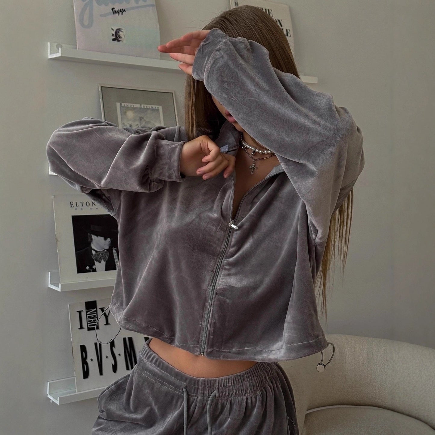 Damen Velours-Loungewear-Set Reißverschluss Kapuze