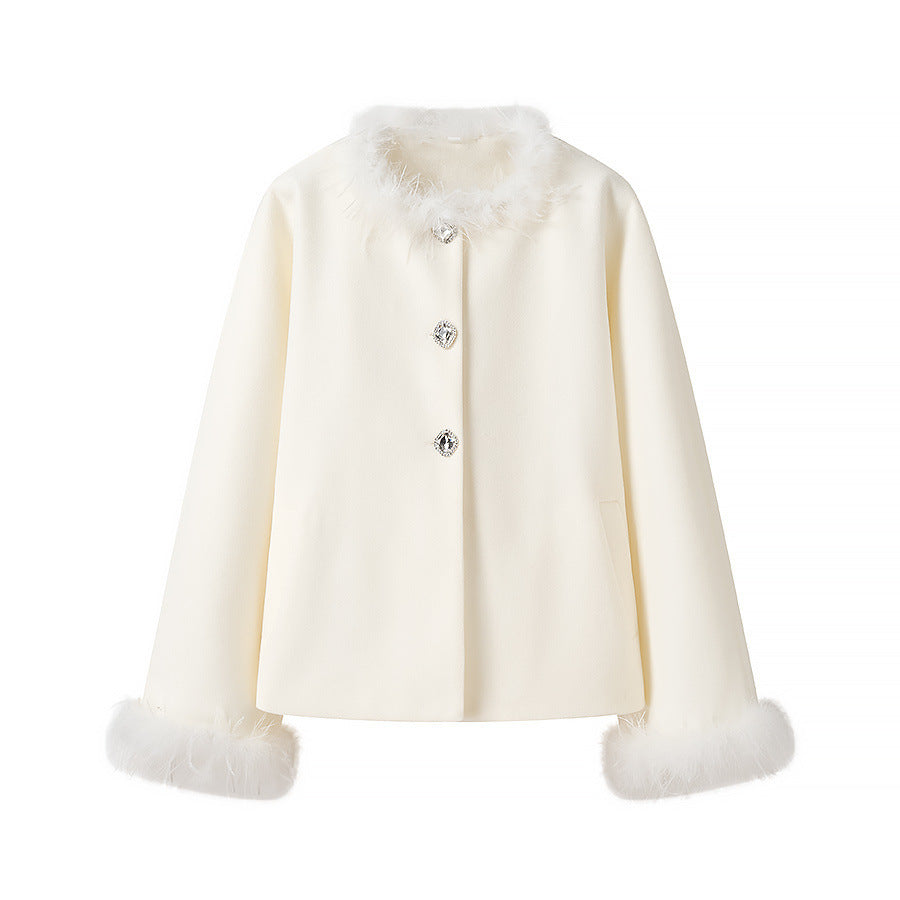 Damen Kurzjacke Kunstfellkragen Knopfdetails