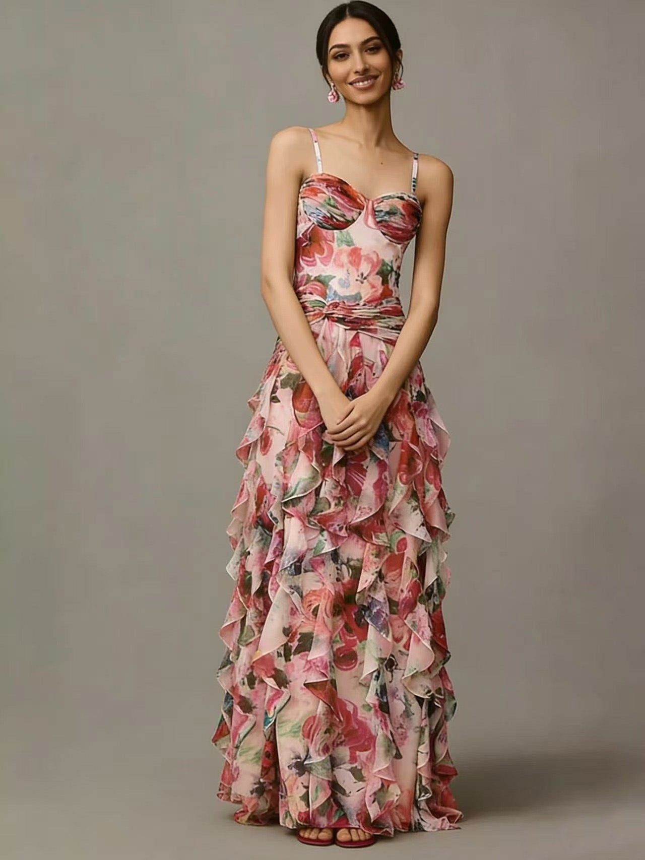 Damen Maxikleid Trägerlos Floralmuster Rüschen