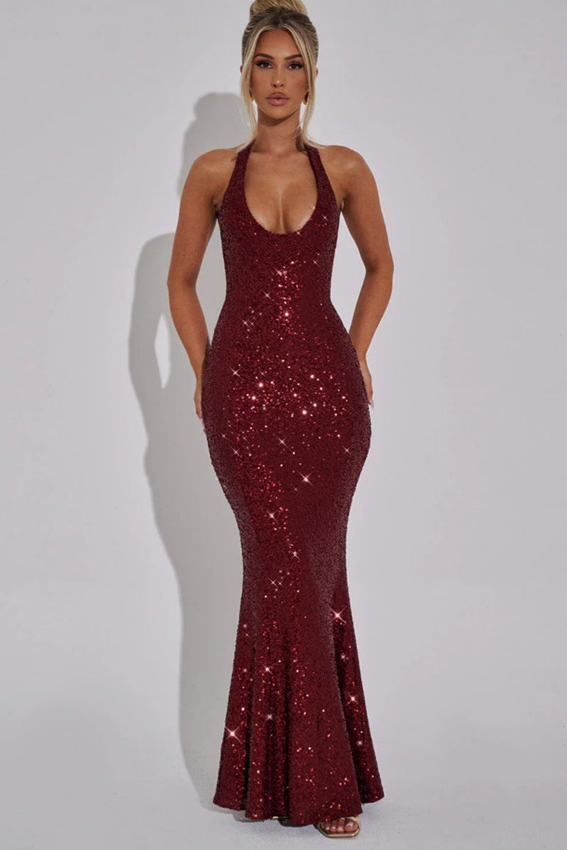 Damen Maxi-Kleid Pailletten V-Ausschnitt schmal Norvielle
