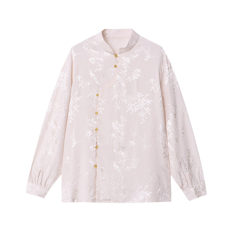 Damen Bluse Florale Stickerei Raffinierte Knöpfe Blume