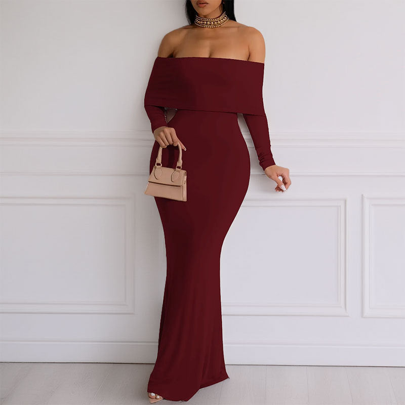 Damen Maxikleid Schulterfrei Langärmlig Norvielle