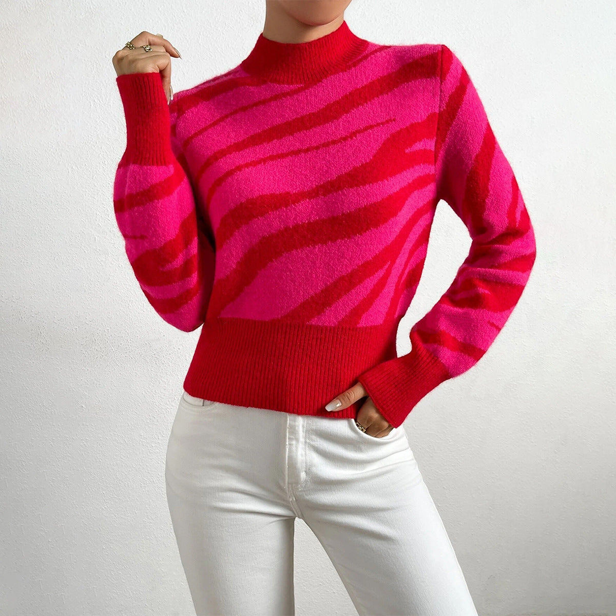 Strickpullover Damen Normale Passform Semihoher Kragen Zebra Muster