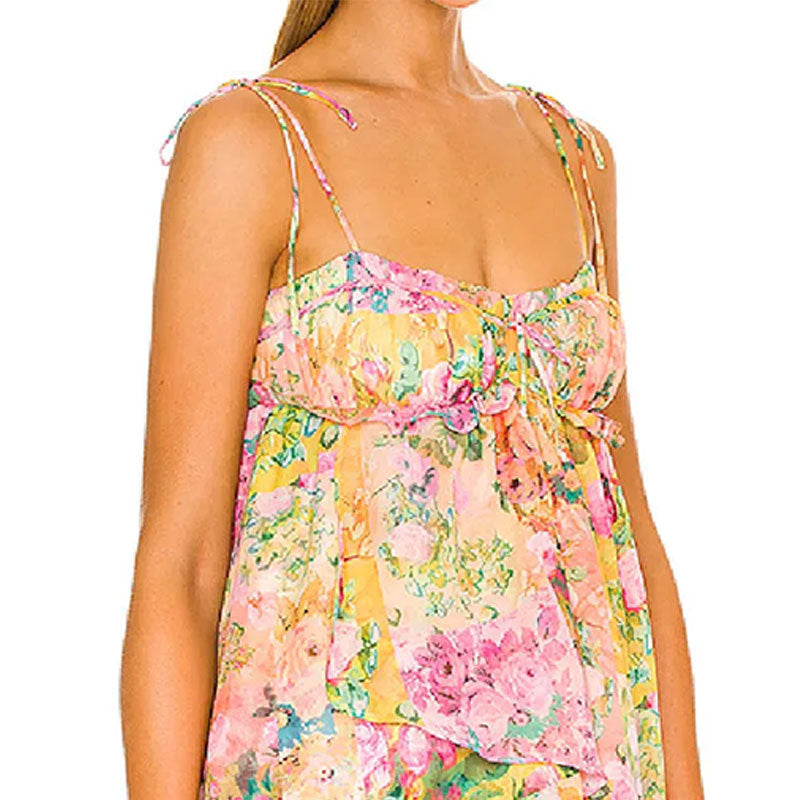 Damen Minikleid mit Spaghettiträgern und Rüschendetails Blumenmuster