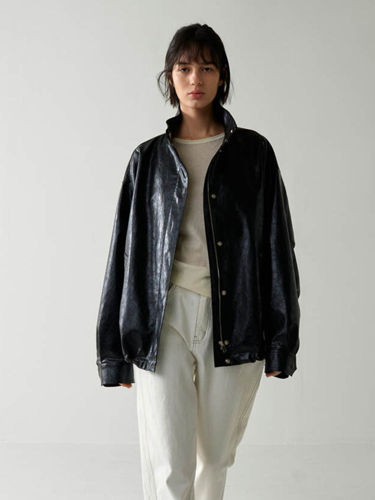 Damen Lederjacke Oversized mit hohem Kragen