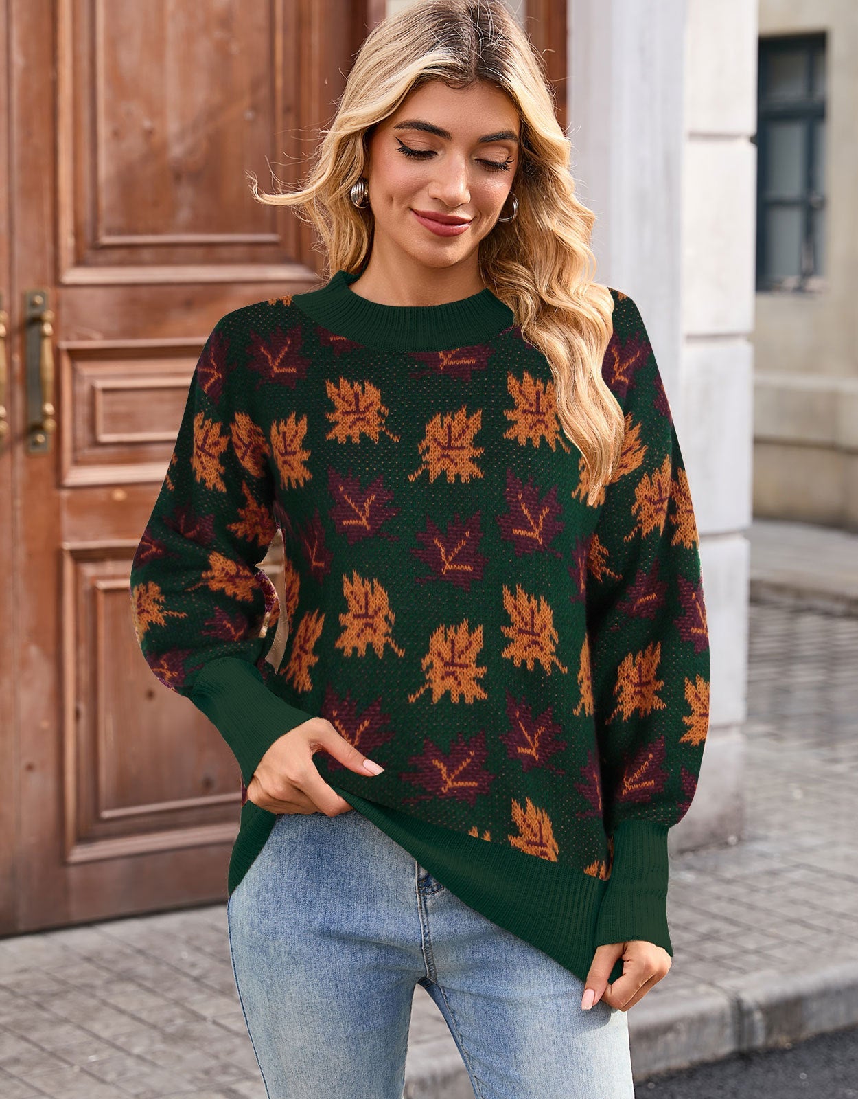 Damen Strickpullover Herbstblätter Design Norvielle