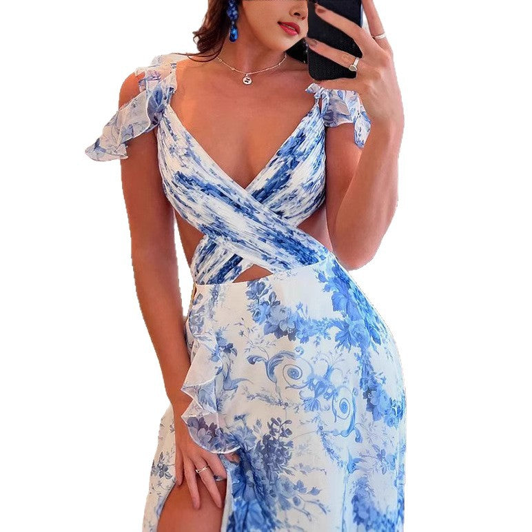 Damen Maxikleid Romantische Rüschen Floraler Schnitt