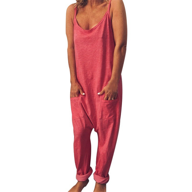 Damen Jumpsuit mit Taschen Spaghettiträgern Beige Norvielle