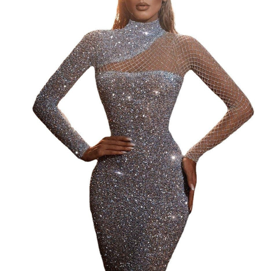 Damen Abendkleid Asymmetrischer Ausschnitt Glitzernd Langärmlig