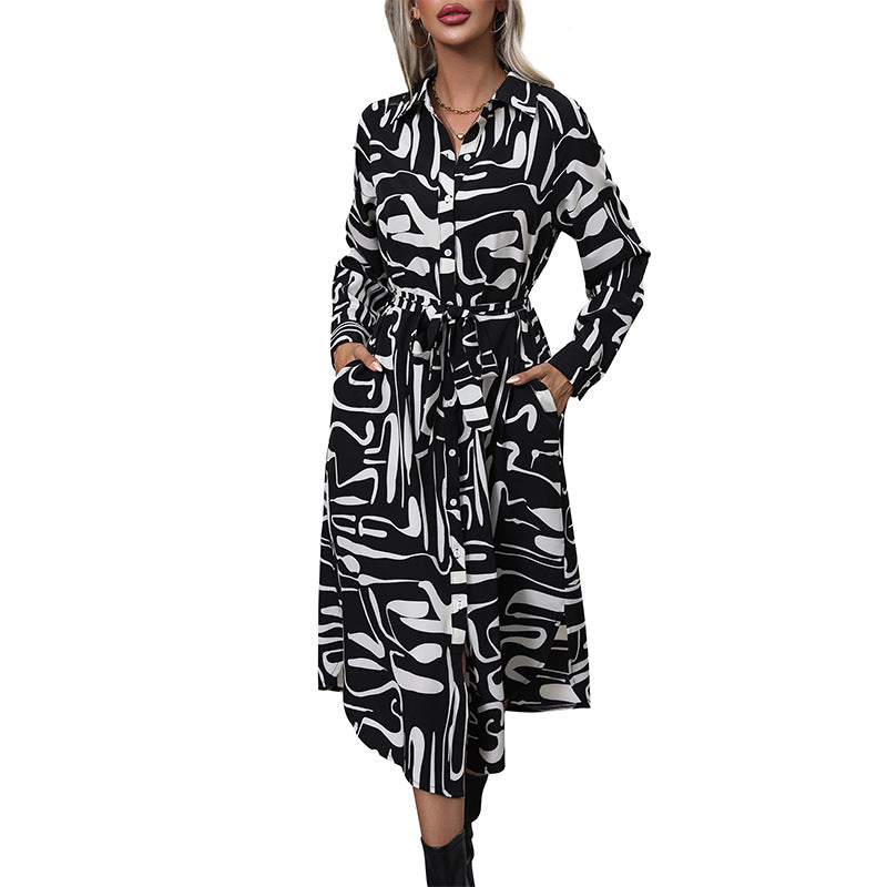 Damen Langarmkleid mit Muster und Taillengürtel