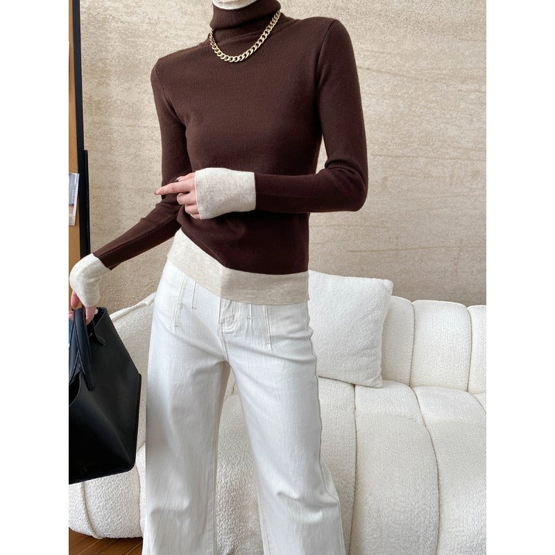 Damen Rollkragenpullover Kontrastärmel Norvielle