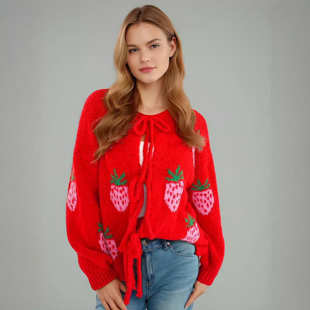 Damen Strickpullover Erdbeermotiv Ballonärmel Rosa