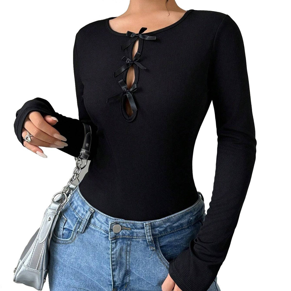 Damen Bodysuit Langarm Dekorative Schleifen Norvielle