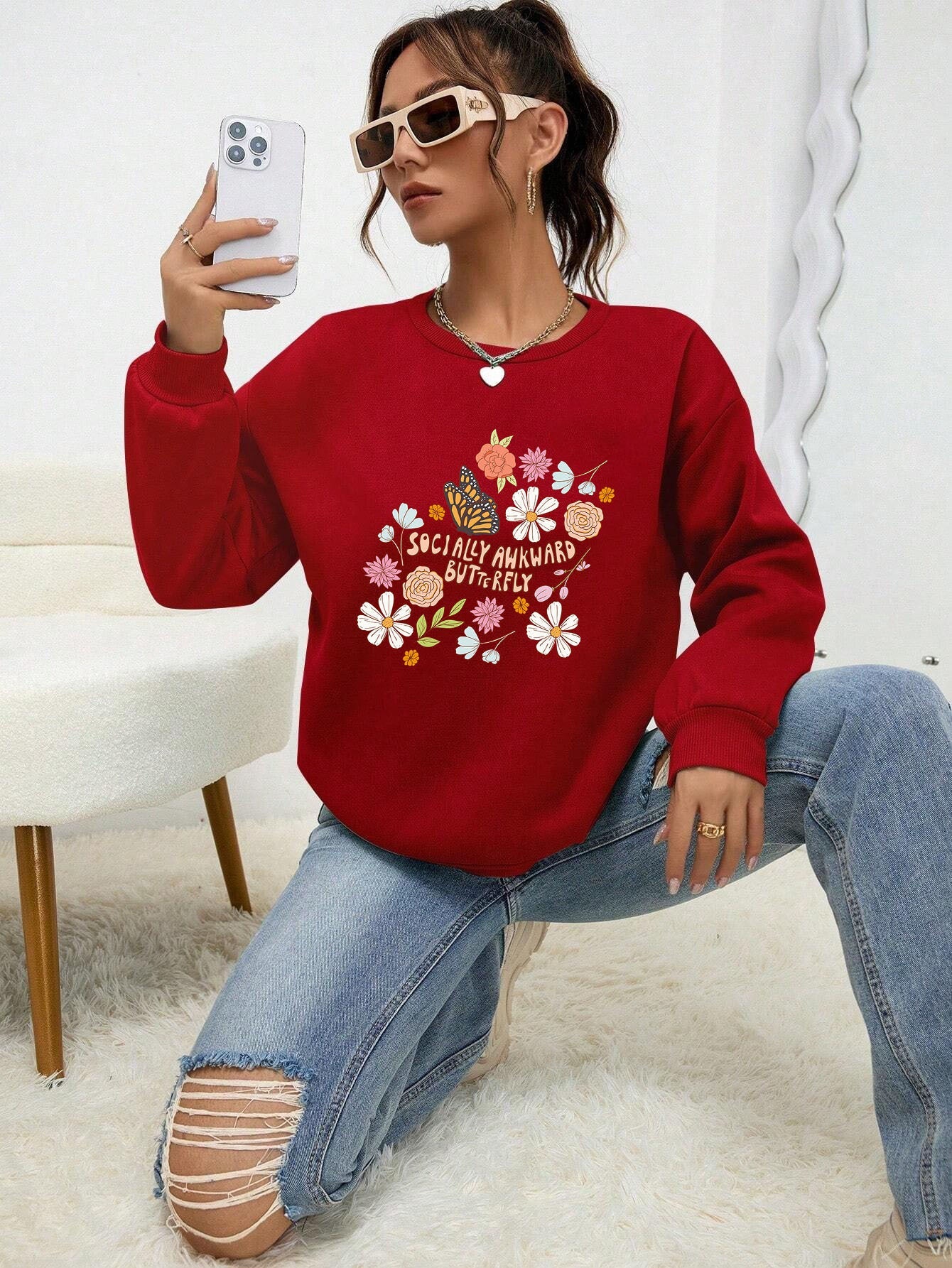 Damen Sweatshirt Floralmuster Baumwolle Weiß