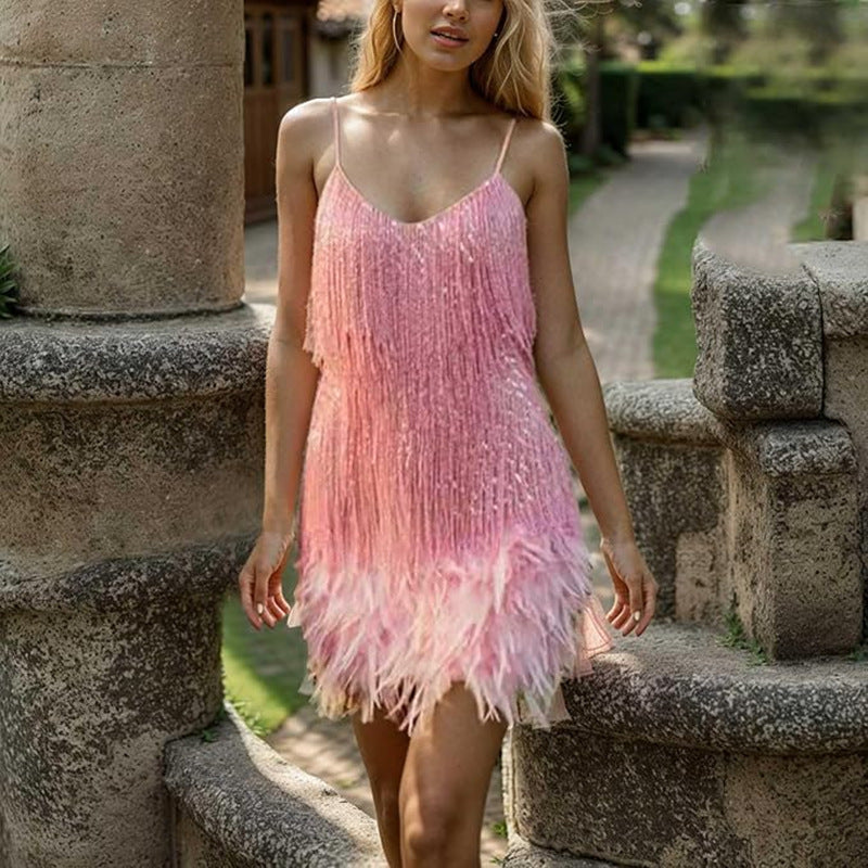 Damen Minikleid V-Ausschnitt Fransen