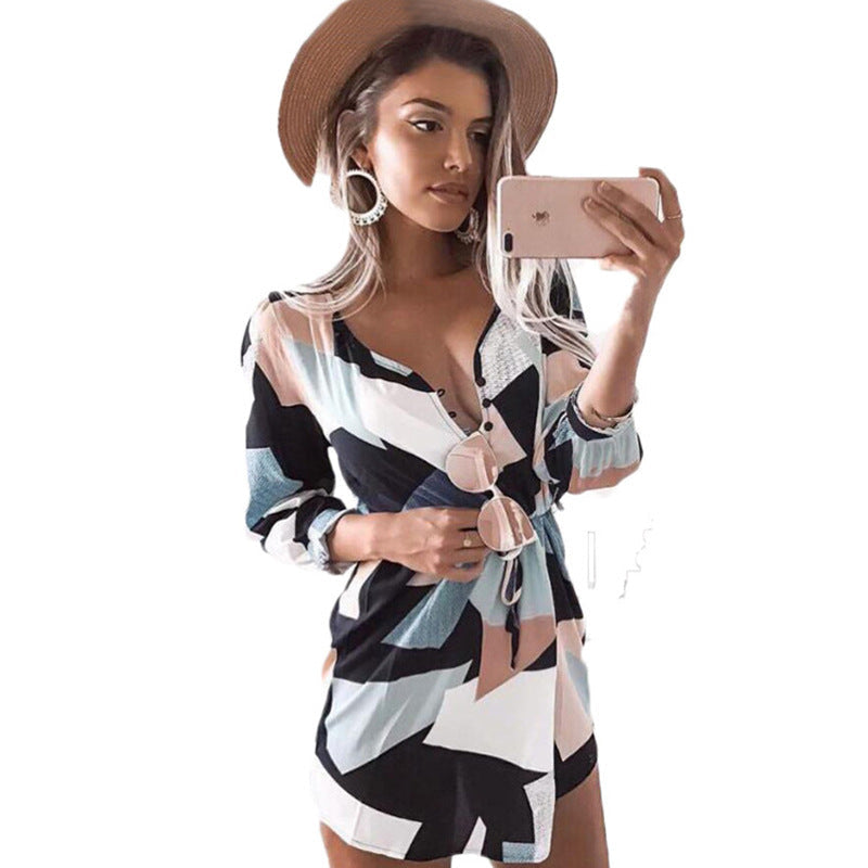 Damen Sommerkleid Halbarm Tailliert Knöpfe Norvielle