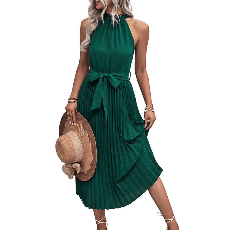 Damen Maxikleid Plissee mit Taillengürtel Elegantes Design
