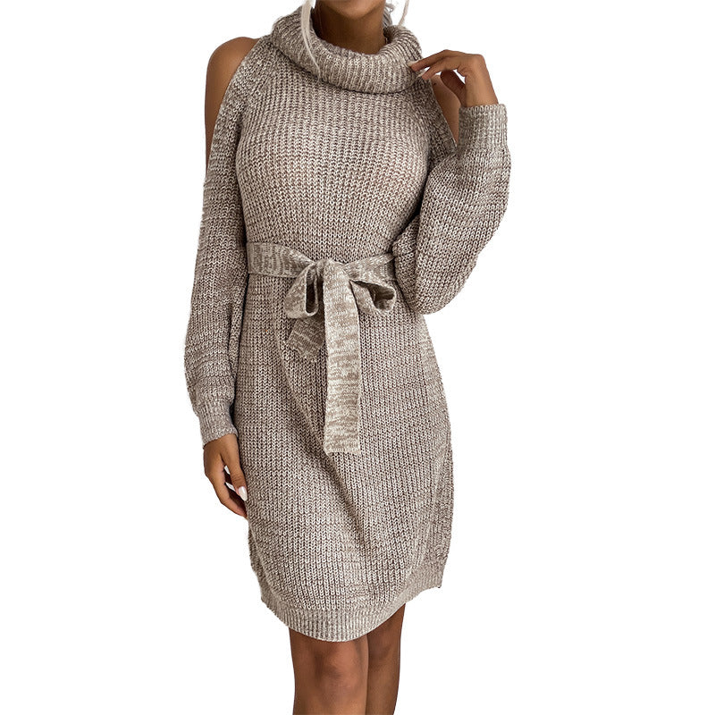 Damen Strickkleid Offene Schulter Taillengürtel Norvielle